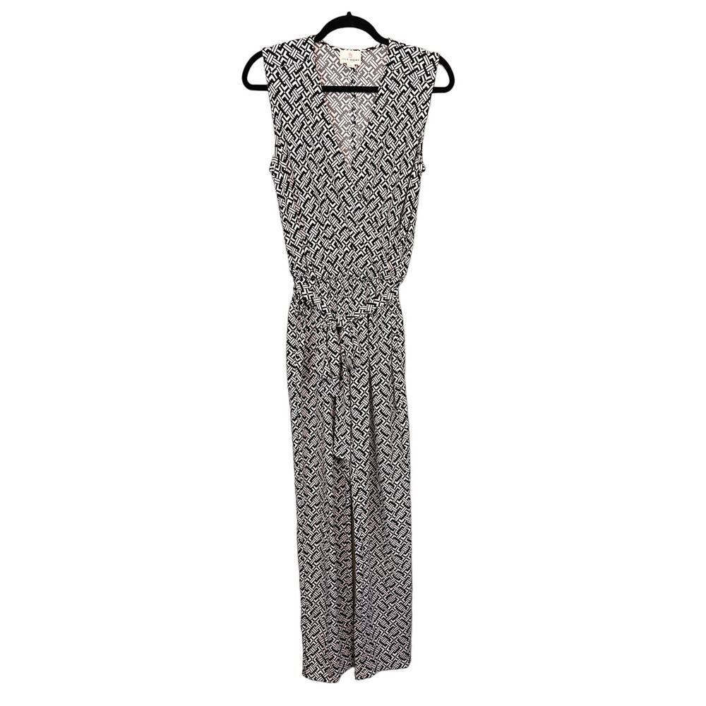 Julie Brown Jumpsuit Womens S Black White Straight Geometric V-Neck Sleeveless